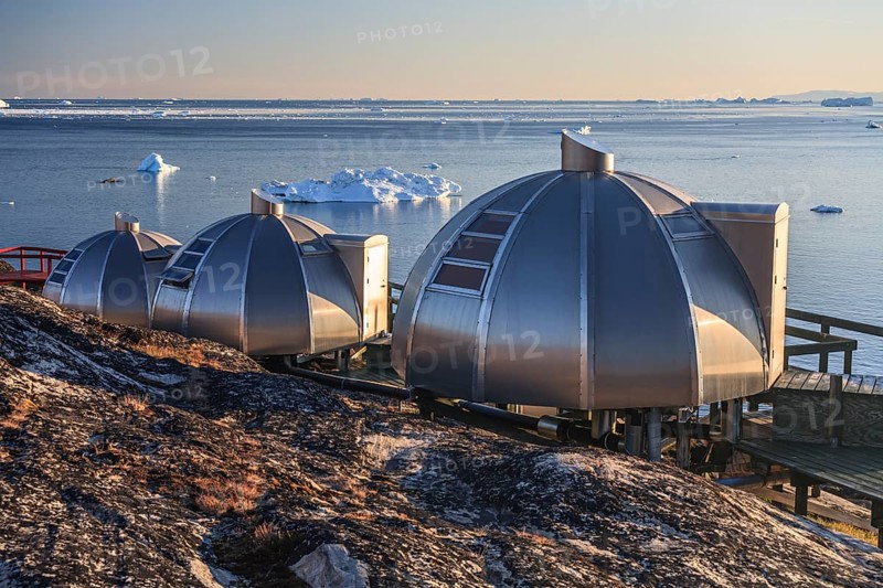 Igloos, Igloo Hotel, Hotel Arctic in Midnight Sun, Ilulissat, Disko Bay, West Greenland, Greenland, North America