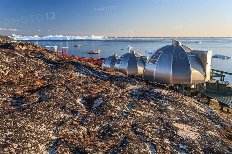 Igloos, Igloo Hotel, Hotel Arctic in Midnight Sun, Ilulissat, Disko Bay, West Greenland, Greenland, North America