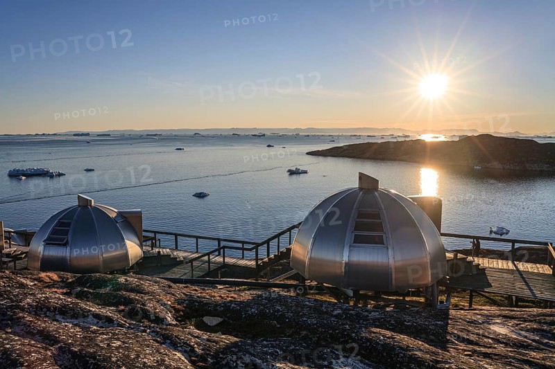 Igloos, Igloo Hotel, Hotel Arctic in Midnight Sun, Ilulissat, Disko Bay, West Greenland, Greenland, North America