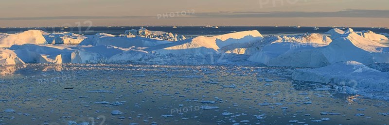 Icebergs reflected in fjord, midnight sun, summer, panorama, Ilulissat Icefjord, Disko Bay, West Greenland, Greenland, North America