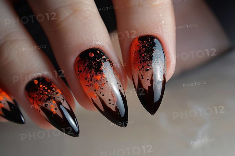 Woman's long fingernails with black and orange Halloween themed nail art design, Generative Ai, AI generated