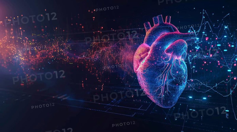Futuristic digital rendering of a human heart with neon lights and particle effects in blue and pink, AI generated