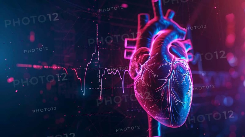 A digital illustration of a human heart in neon purple and blue with heartbeat lines in the background, AI generated