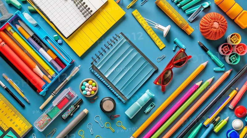 Various colorful stationery items are neatly arranged on a blue background, including pens, notebooks, and desk accessories, AI generated