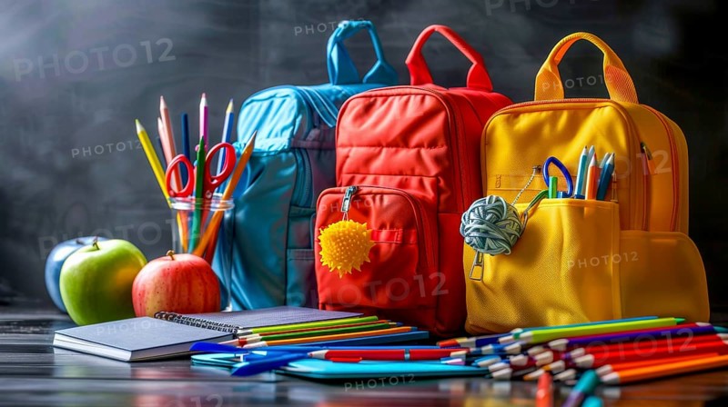 Three colorful backpacks with school supplies such as pencils and apples are placed on a dark background, AI generated