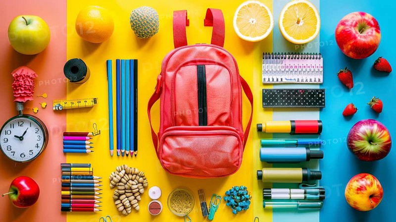 A red backpack surrounded by school supplies and various fruits, laid out on a colorful background in orange, yellow, and blue sections, AI generated
