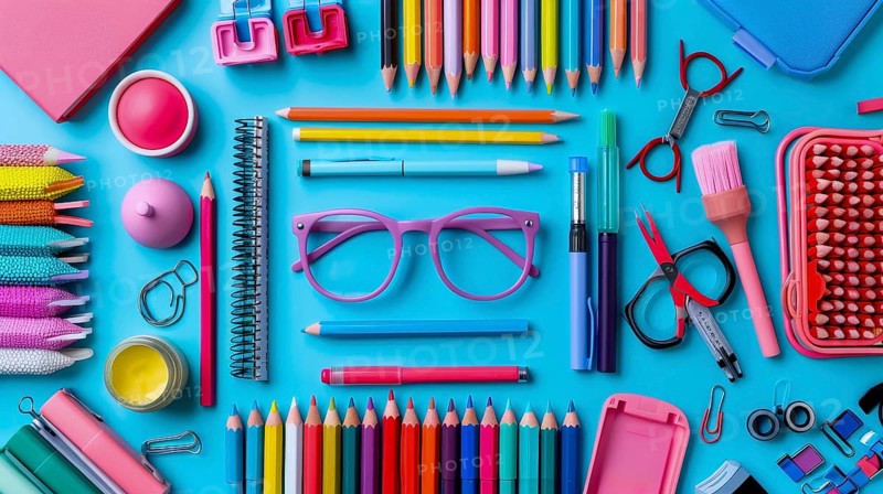 A vibrant display of neatly arranged stationery on a blue background, including glasses, pencils, and notebooks, AI generated