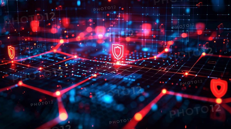 Advanced digital environment featuring red glowing circuitry and shield icons indicating a focus on cybersecurity, AI generated