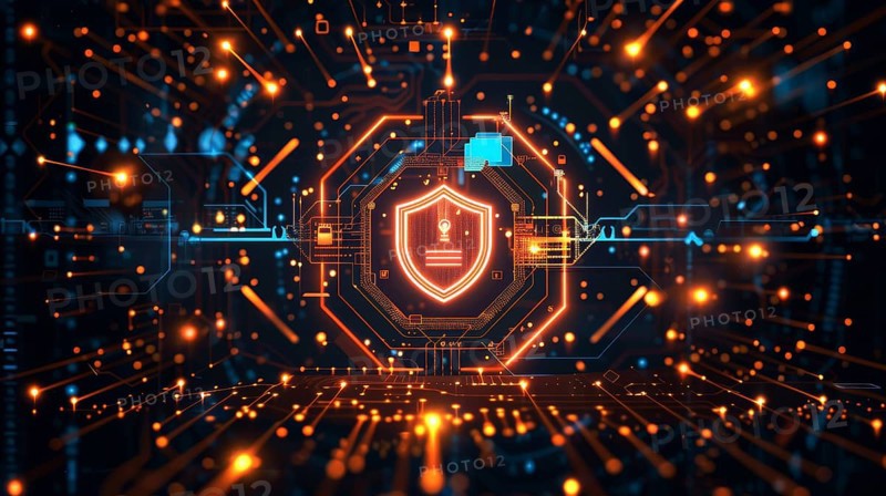 High-tech digital setting with glowing orange circuitry, a central shield symbol, and various cybersecurity elements, AI generated