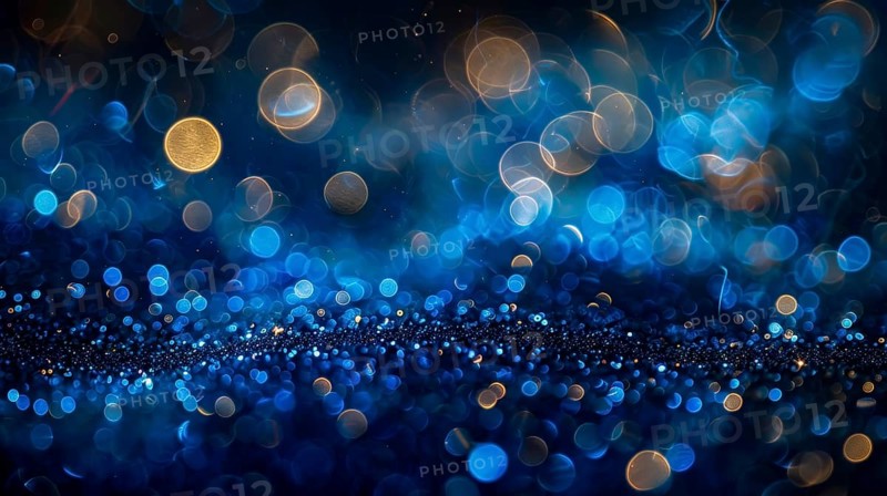Abstract image with bokeh lights in blue and golden tones creating a dreamy and serene atmosphere, AI generated