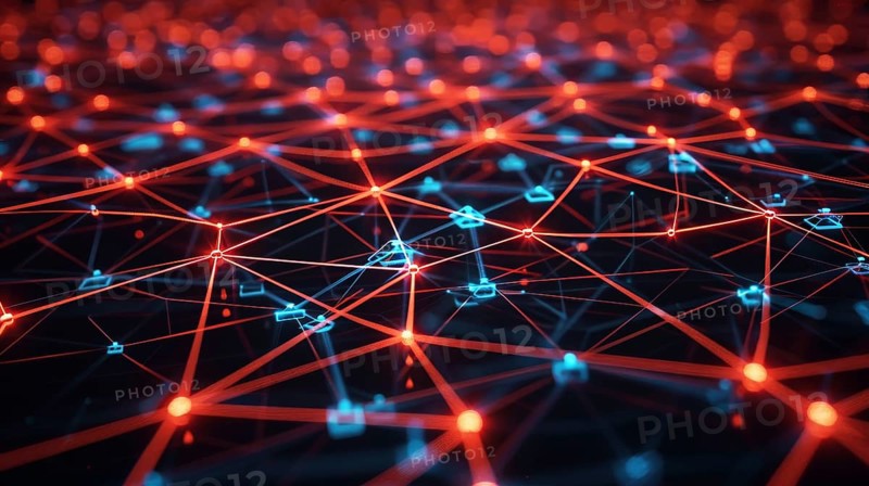 Abstract digital network with red and blue glowing lines and nodes forming a futuristic and tech-inspired design, AI generated