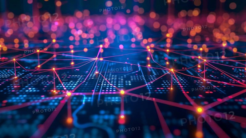 A digital network of interconnected nodes with pink and blue glowing lines creating a futuristic and technical atmosphere, AI generated