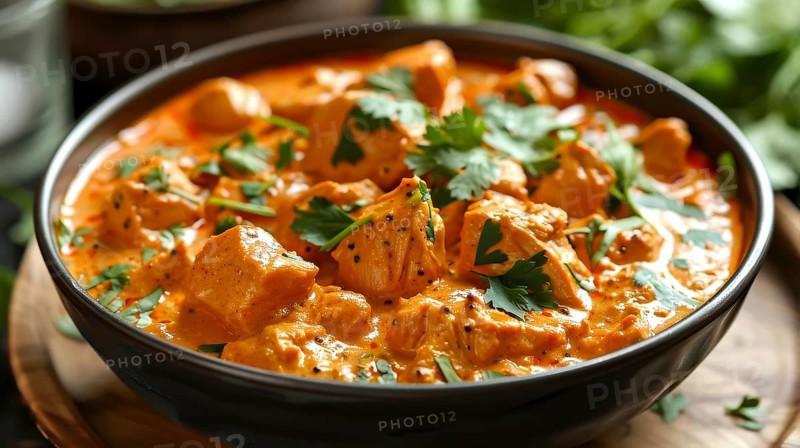 A bowl of creamy chicken curry garnished with fresh cilantro leaves, AI generated