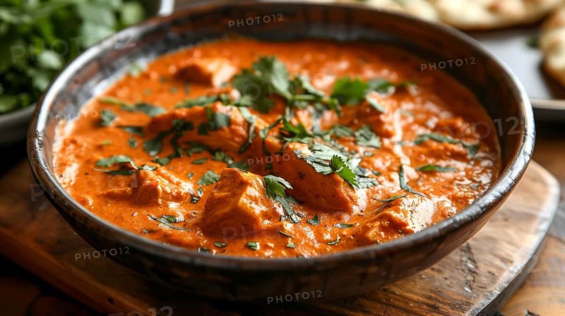 Chicken pieces in a creamy orange curry sauce with a fresh cilantro garnish, presented on a rustic wooden table, AI generated