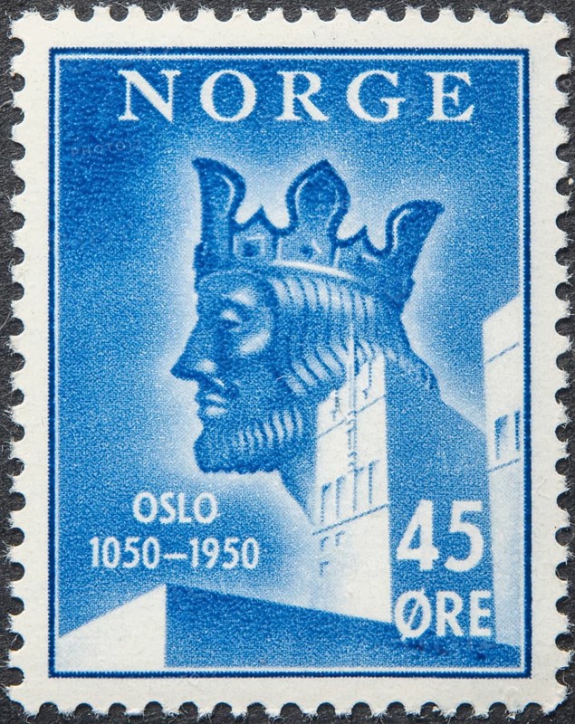 Harald Hardrade (Sigurdsson) (1015, 1066) a Viking king who founded Oslo, Norway's capital in 1050. Portrait on Norwegian postage stamp