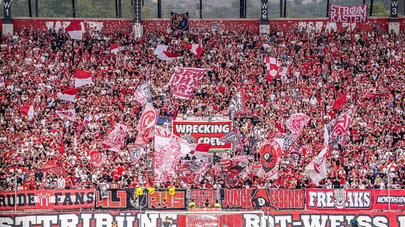The football stadium of Rot-Weiss Essen, 3rd league, stadium at the Hafenstrasse, grandstand of the WAZ-Westkurve, called Alte West, home of the RWE fans, Ultras, the grandstand holds over 6600 visitors, Essen, North Rhine-Westphalia, Germany, Europe