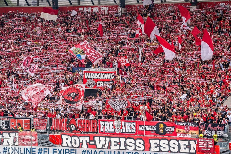 The football stadium of Rot-Weiss Essen, 3rd league, stadium at the Hafenstrasse, grandstand of the WAZ-Westkurve, called Alte West, home of the RWE fans, Ultras, the grandstand holds over 6600 visitors, Essen, North Rhine-Westphalia, Germany, Europe