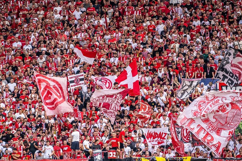 The football stadium of Rot-Weiss Essen, 3rd league, stadium at the Hafenstrasse, grandstand of the WAZ-Westkurve, called Alte West, home of the RWE fans, Ultras, the grandstand holds over 6600 visitors, Essen, North Rhine-Westphalia, Germany, Europe