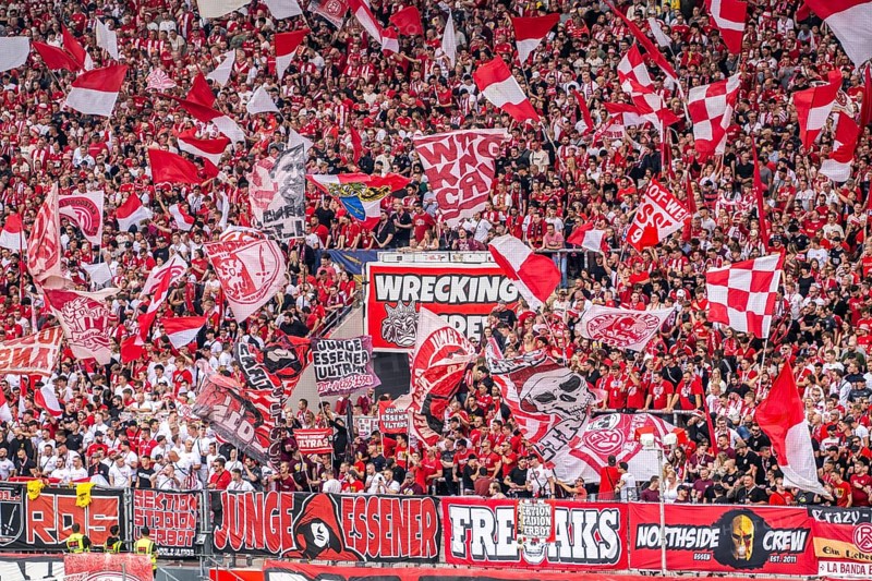 The football stadium of Rot-Weiss Essen, 3rd league, stadium at the Hafenstrasse, grandstand of the WAZ-Westkurve, called Alte West, home of the RWE fans, Ultras, the grandstand holds over 6600 visitors, Essen, North Rhine-Westphalia, Germany, Europe