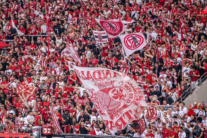 The football stadium of Rot-Weiss Essen, 3rd league, stadium at the Hafenstrasse, grandstand of the WAZ-Westkurve, called Alte West, home of the RWE fans, Ultras, the grandstand holds over 6600 visitors, Essen, North Rhine-Westphalia, Germany, Europe