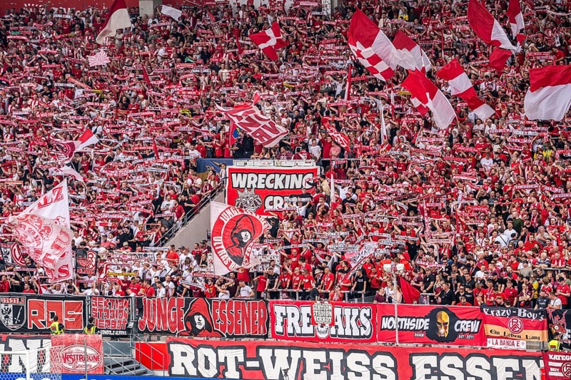 The football stadium of Rot-Weiss Essen, 3rd league, stadium at the Hafenstrasse, grandstand of the WAZ-Westkurve, called Alte West, home of the RWE fans, Ultras, the grandstand holds over 6600 visitors, Essen, North Rhine-Westphalia, Germany, Europe
