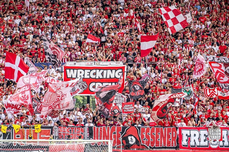 The football stadium of Rot-Weiss Essen, 3rd league, stadium at the Hafenstrasse, grandstand of the WAZ-Westkurve, called Alte West, home of the RWE fans, Ultras, the grandstand holds over 6600 visitors, Essen, North Rhine-Westphalia, Germany, Europe