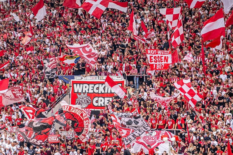 The football stadium of Rot-Weiss Essen, 3rd league, stadium at the Hafenstrasse, grandstand of the WAZ-Westkurve, called Alte West, home of the RWE fans, Ultras, the grandstand holds over 6600 visitors, Essen, North Rhine-Westphalia, Germany, Europe