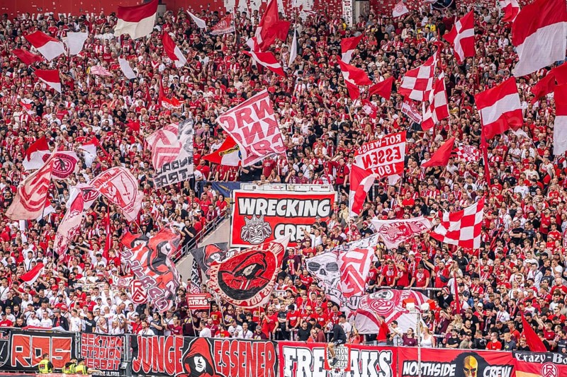 The football stadium of Rot-Weiss Essen, 3rd league, stadium at the Hafenstrasse, grandstand of the WAZ-Westkurve, called Alte West, home of the RWE fans, Ultras, the grandstand holds over 6600 visitors, Essen, North Rhine-Westphalia, Germany, Europe