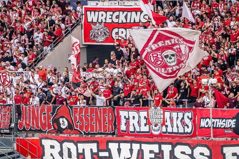 The football stadium of Rot-Weiss Essen, 3rd league, stadium at the Hafenstrasse, grandstand of the WAZ-Westkurve, called Alte West, home of the RWE fans, Ultras, the grandstand holds over 6600 visitors, Essen, North Rhine-Westphalia, Germany, Europe