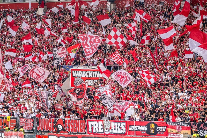 The football stadium of Rot-Weiss Essen, 3rd league, stadium at the Hafenstrasse, grandstand of the WAZ-Westkurve, called Alte West, home of the RWE fans, Ultras, the grandstand holds over 6600 visitors, Essen, North Rhine-Westphalia, Germany, Europe