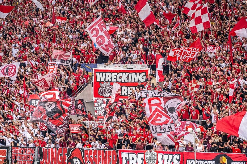 The football stadium of Rot-Weiss Essen, 3rd league, stadium at the Hafenstrasse, grandstand of the WAZ-Westkurve, called Alte West, home of the RWE fans, Ultras, the grandstand holds over 6600 visitors, Essen, North Rhine-Westphalia, Germany, Europe