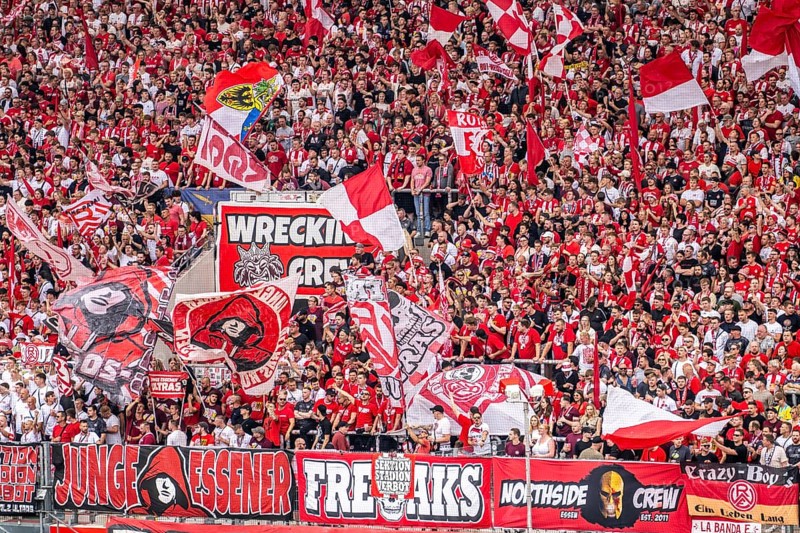 The football stadium of Rot-Weiss Essen, 3rd league, stadium at the Hafenstrasse, grandstand of the WAZ-Westkurve, called Alte West, home of the RWE fans, Ultras, the grandstand holds over 6600 visitors, Essen, North Rhine-Westphalia, Germany, Europe