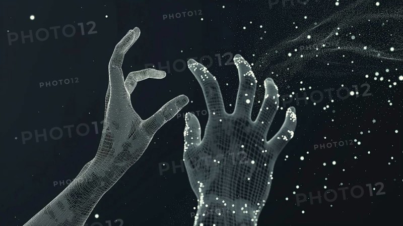 Two digital holographic hands reaching towards each other with particles floating against a dark background, AI generated