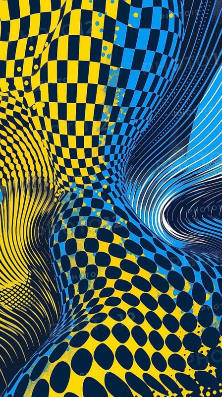 Colorful abstract art with wavy checkered patterns in yellow and blue creating an optical illusion, AI generated
