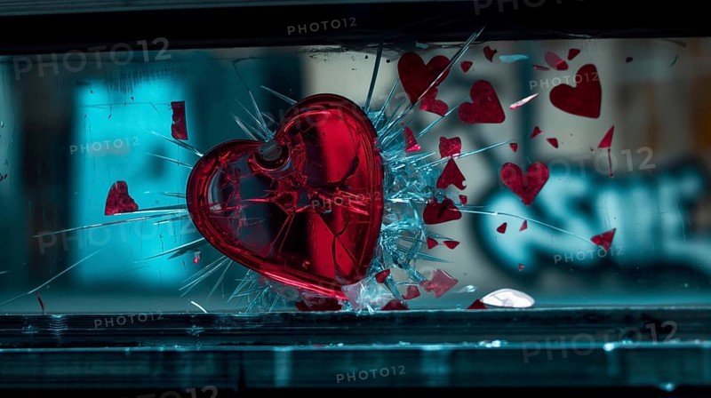 Red heart shattered with broken glass pieces exploding, set against a blue urban background, AI generated