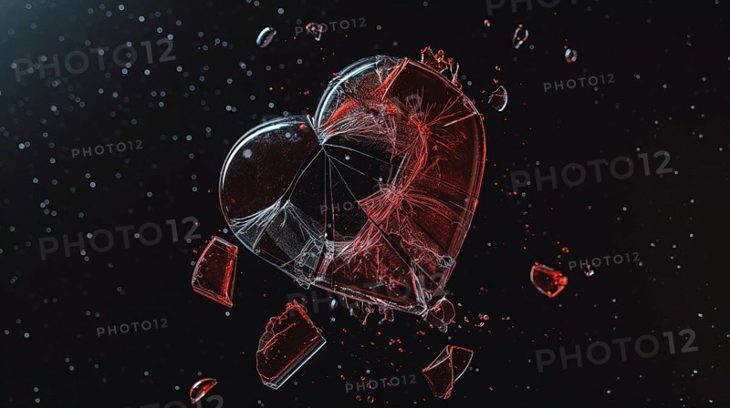 Shattering glass heart against a dark background with red fragments flying, symbolizing sudden impact, AI generated