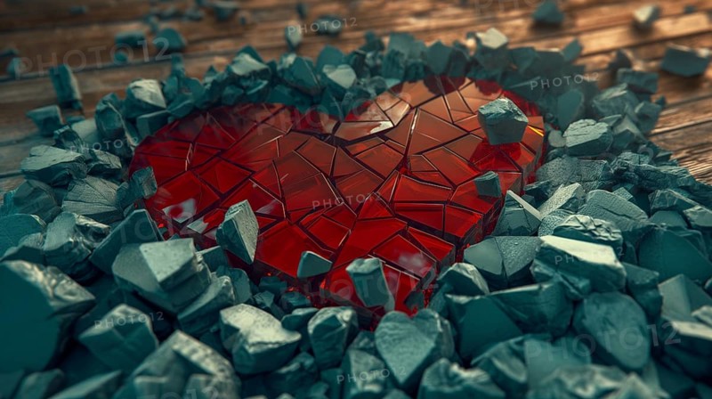 Fragmented red heart encircled by stones on a wooden surface evokes a sense of vulnerability, AI generated