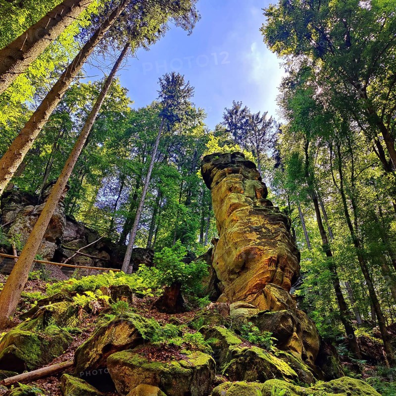 Rock tower on the Teuflische Acht hiking trail, Ferschweiler Plateau, Naturpark Südeifel, Irrel, Eifel, Rhineland-Palatinate, Germany, Europe