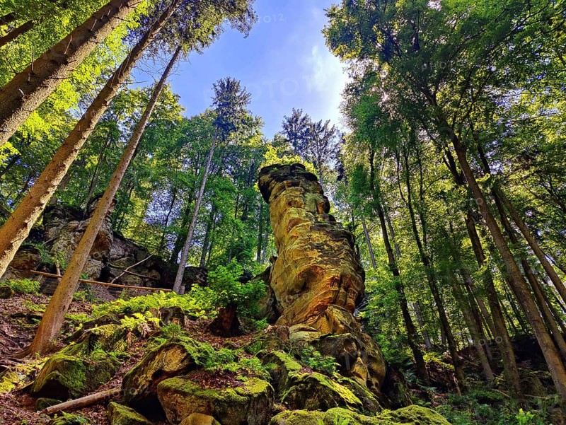 Rock tower on the Teuflische Acht hiking trail, Ferschweiler Plateau, Naturpark Südeifel, Irrel, Eifel, Rhineland-Palatinate, Germany, Europe