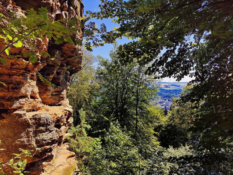 Hiking trail Teuflische Acht, view at the edge of the Ferschweiler plateau, Naturpark Südeifel, Irrel, Eifel, Rhineland-Palatinate, Germany, Europe
