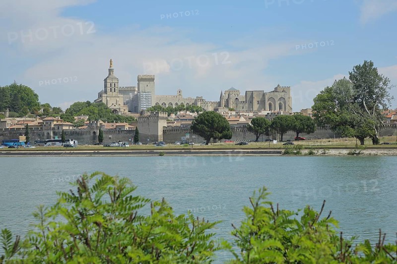 View over the Rhône to cityscape with papal palace and historic city wall, Rhone, Avignon, Vaucluse, Provence, France, Europe