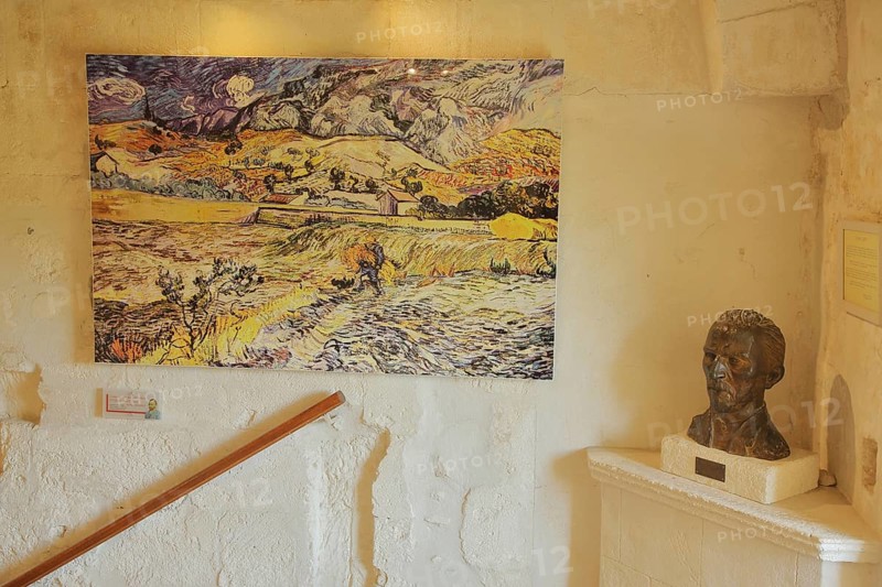 Museum Circut van Gogh with replica field with farmer and sculpture by Vincent van Gogh, Bust, Saint-Paul-de-Mausole, St, Saint-Rémy-de-Provence, Provence, Alpilles, Bouches-du-Rhône, Provence, France, Europe