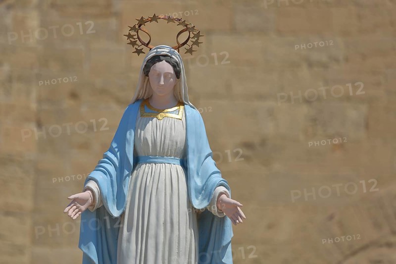 White statue of the Virgin Mary with crown and halo, detail, St-Sauveur church, Fos-sur-Mer, Provence, Bouches-du-Rhône, Provence, France, Europe