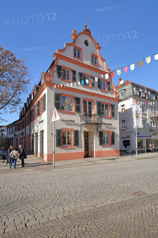 Historic unicorn pharmacy, pennant chain, bunting, carnival, decoration, main street, Offenburg, Ortenau, Baden-Württemberg, Germany, Europe