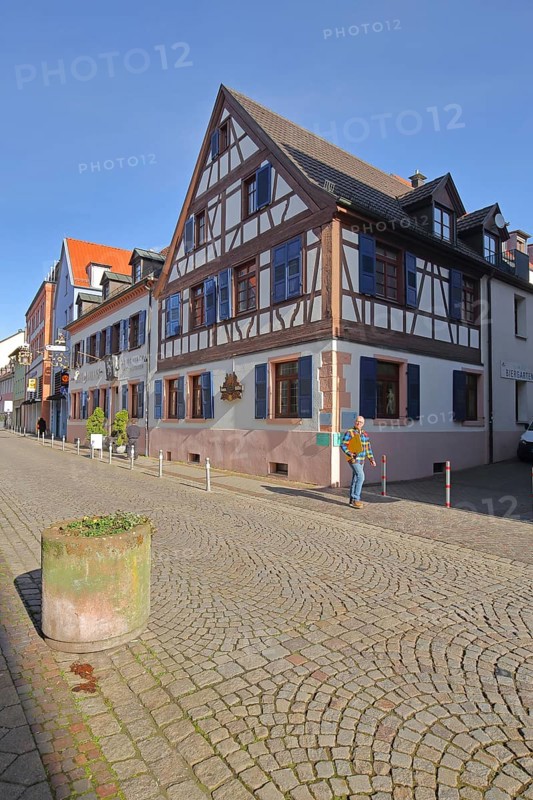 Historic half-timbered house with blue shutters, Lange Gasse, Offenburg, Ortenau, Northern Black Forest, Black Forest, Baden-Württemberg, Germany, Europe