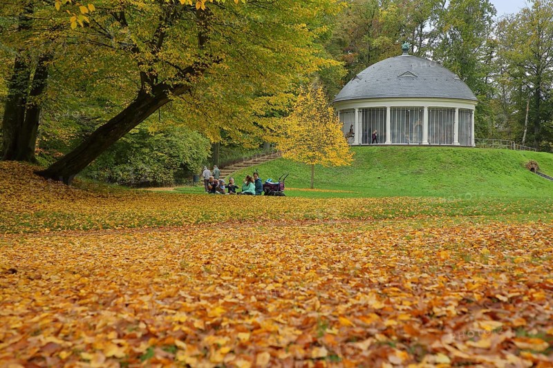 Family outing at a picnic at the historic carousel with autumn colours, park, fallen leaves, leaf fall, foliage, ground, Wilhelmsbad State Park, Hanau, Hesse, Germany, Europe
