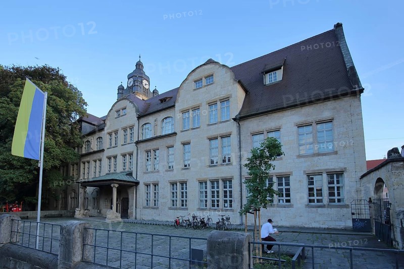 University with Ukrainian national flag, building, Jena, Thuringia, Germany, Europe