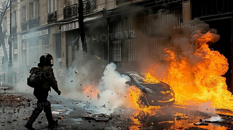 A person walking past a burning, exploding car on a city street emitting heavy smoke, AI generated