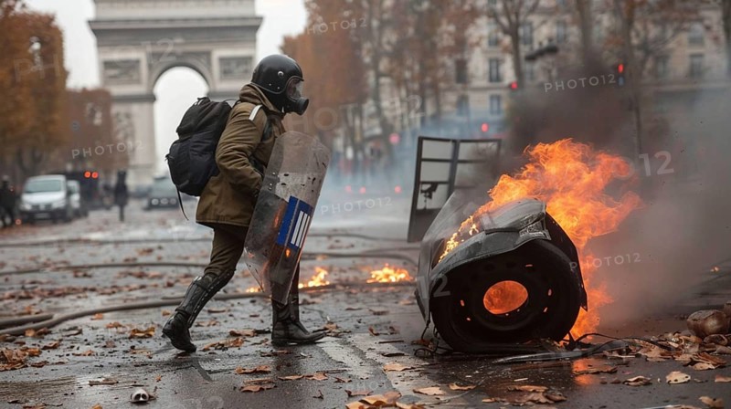 A person in riot gear walking past a burning object in a street near the Arc de Triomphe, AI generated