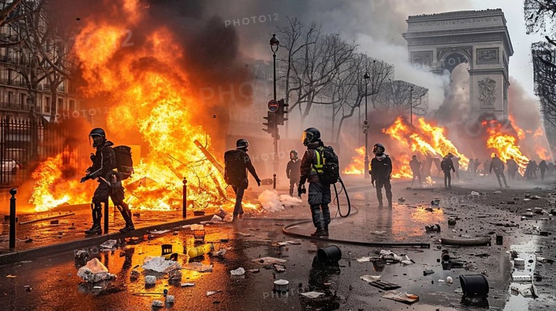 Riot police in a chaotic street filled with flames, debris and the Arc de Triomphe in the background, AI generated